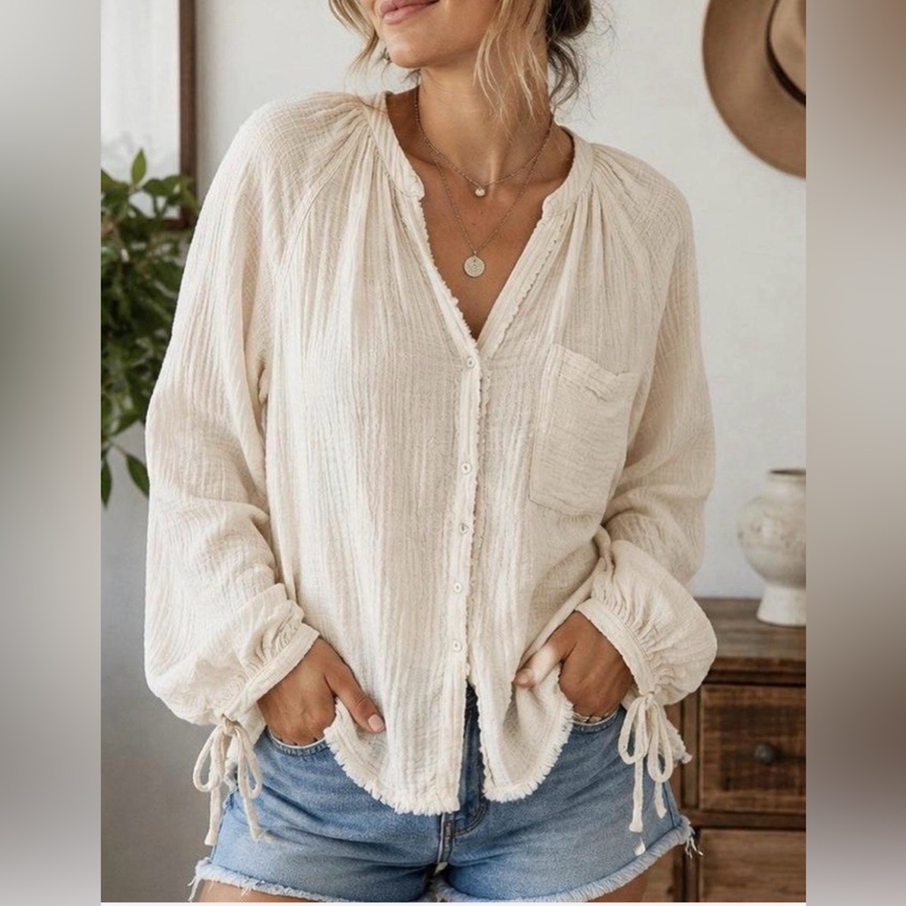 Aerie Daybreak Coverup Oversized Gauze Cotton Shirt Relaxed Fit Beige Cream XXL